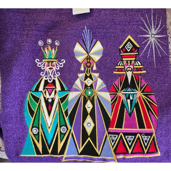 Bob Mackie Wearable Art Purple Sweater With Geometric Designs & Metallic Thread - Picture 8 of 9